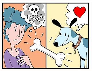 Illustration shows how two minds can view the same object very differently. A human woman views a bone as a signifier of death while a dog smiles and sees it as food.