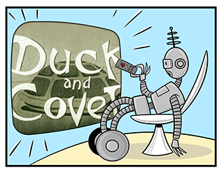 Image of robot watching 'Duck and Cover' 