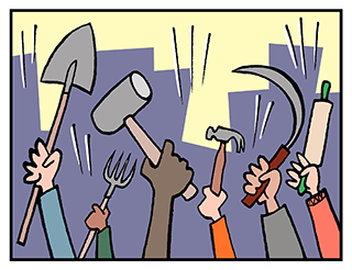 Image depicts a mob waving weapons, including hammer and sickle and shovel.