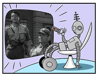 Image shows robot watching the film Don't Be A Sucker. 