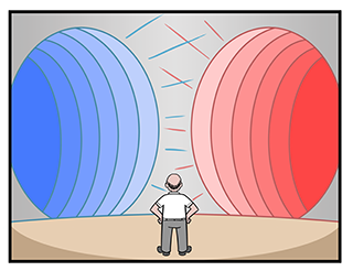 Image depicts man confronted with two echo chambers: one tinted red (conservative) and one tinted blue (liberal).